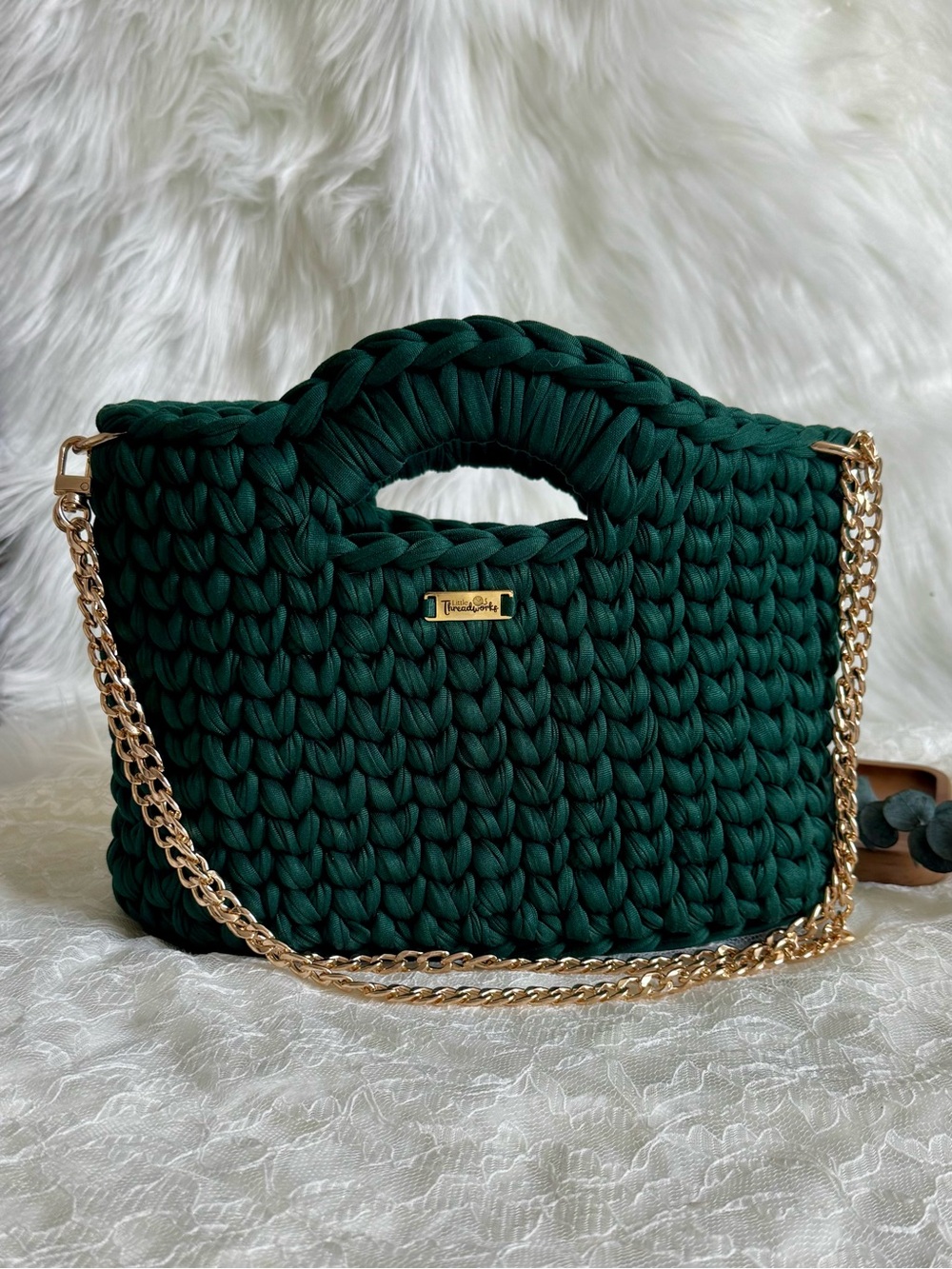 Handmade Dark Green Women's Tote with Gold Chain Strap Purse